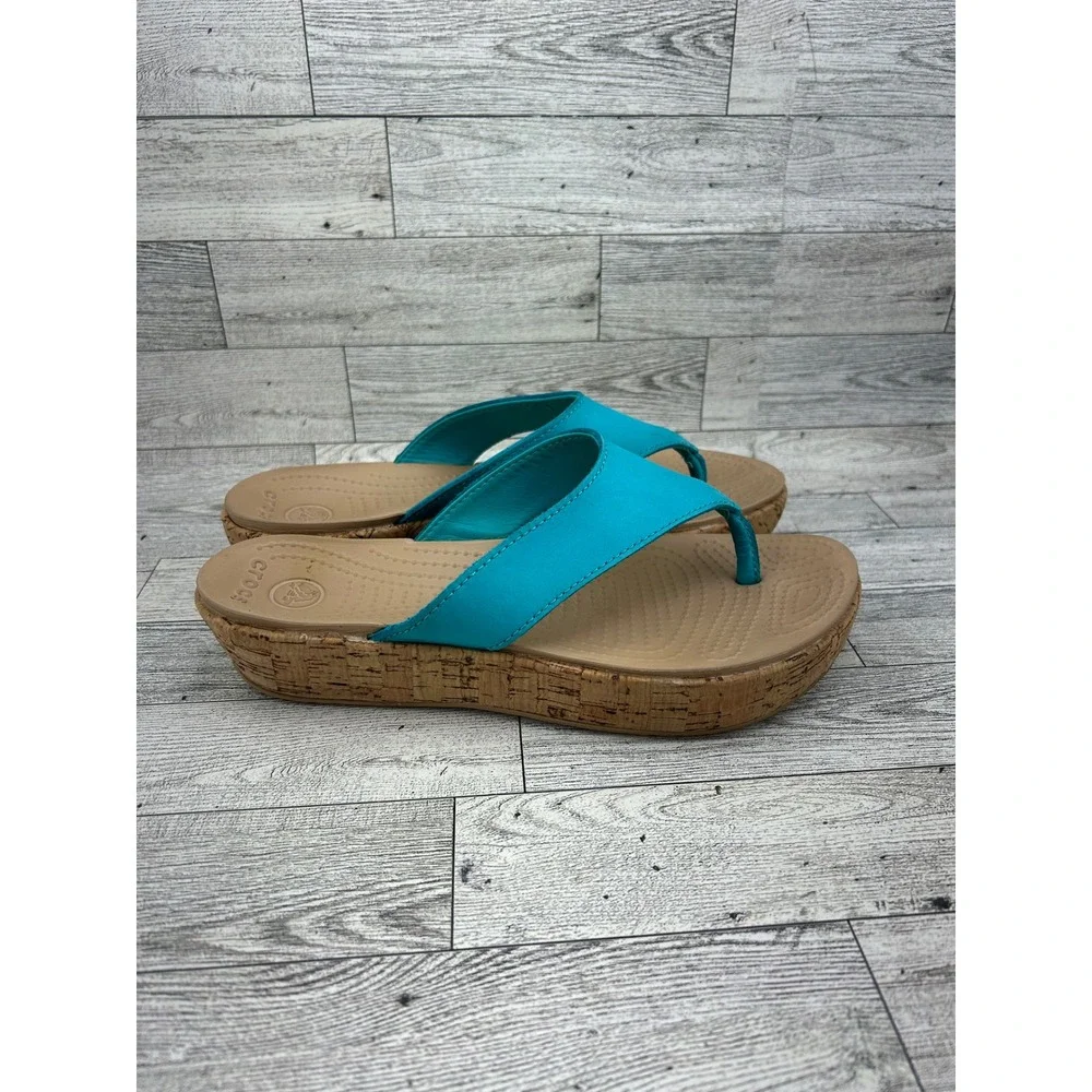 Crocs A-Leigh Leather Platform Flip Flop Wedge Sandals Turquoise Womens 8 14933